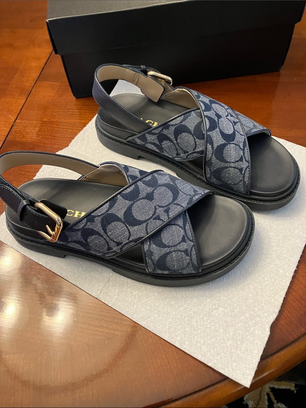 COACH.Navy Signature Canvas Crisscross Slingback Sandals with Box. Size 7 Worn 1 - Picture 2 of 16